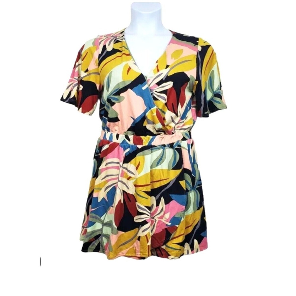 Loft Beach Romper Womens XS Colorful Tropical Print Faux Wrap Pockets Comfort T4